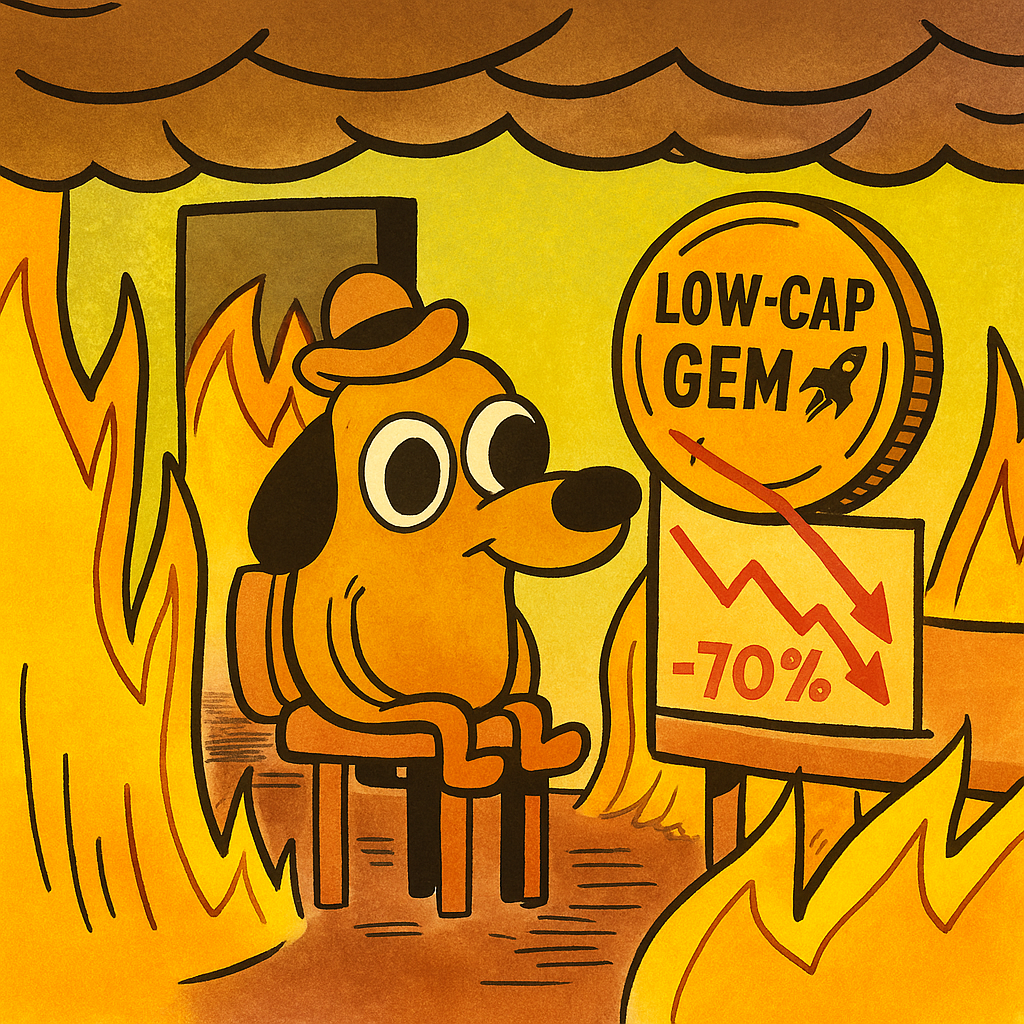 Crypto meme: dog in fire next to token labeled 'Low-Cap Gem' and chart showing -70% price crash.