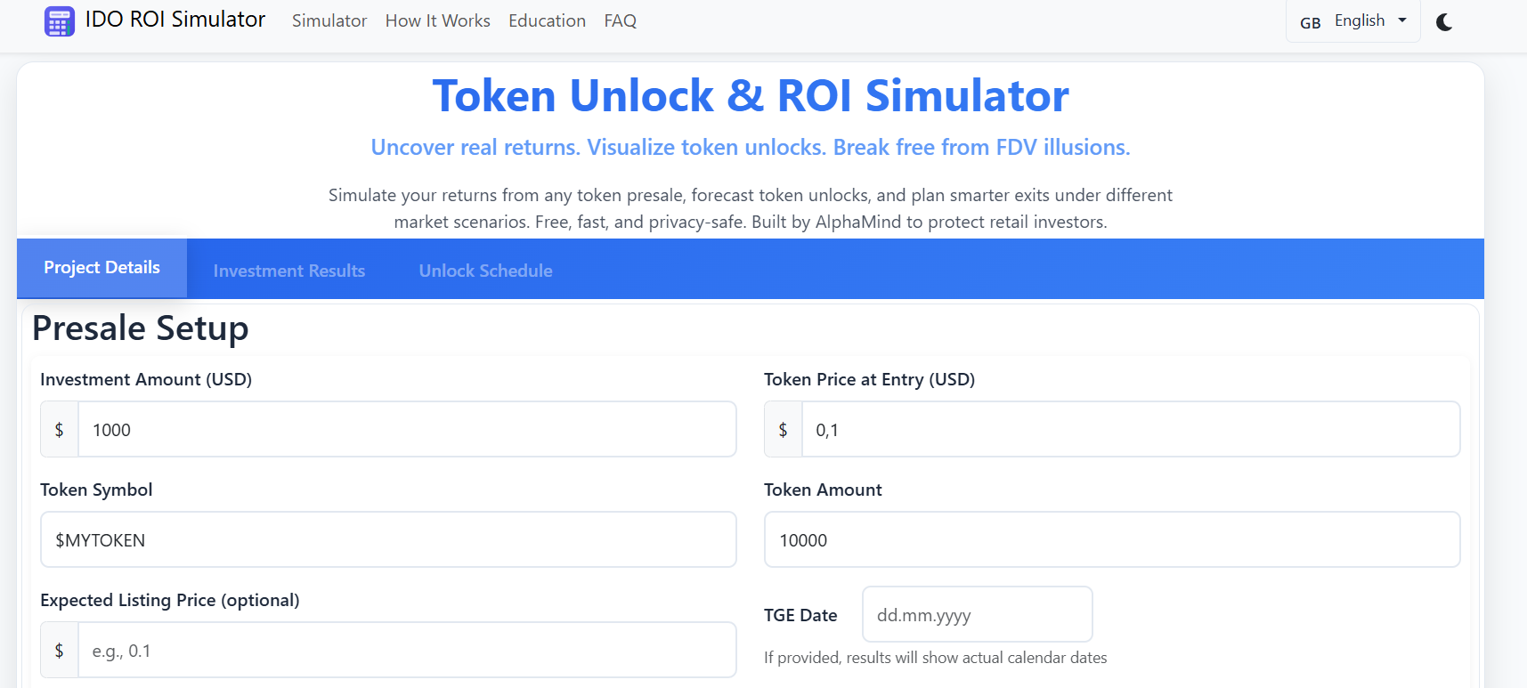 AlphaMind’s free Token Unlock & ROI Simulator helps crypto investors visualize vesting schedules, forecast returns under market scenarios, and avoid FDV exit traps.