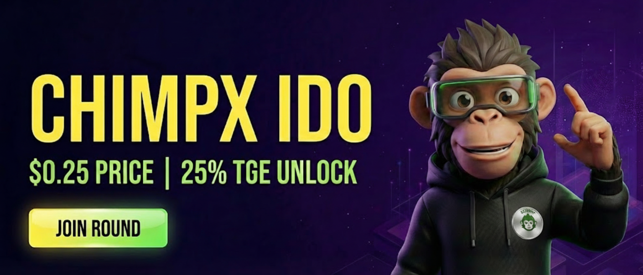 ChimpX AI mascot Mojo presenting the AlphaMind IDO dashboard with exclusive $0.25 $CHIMP token sale terms.