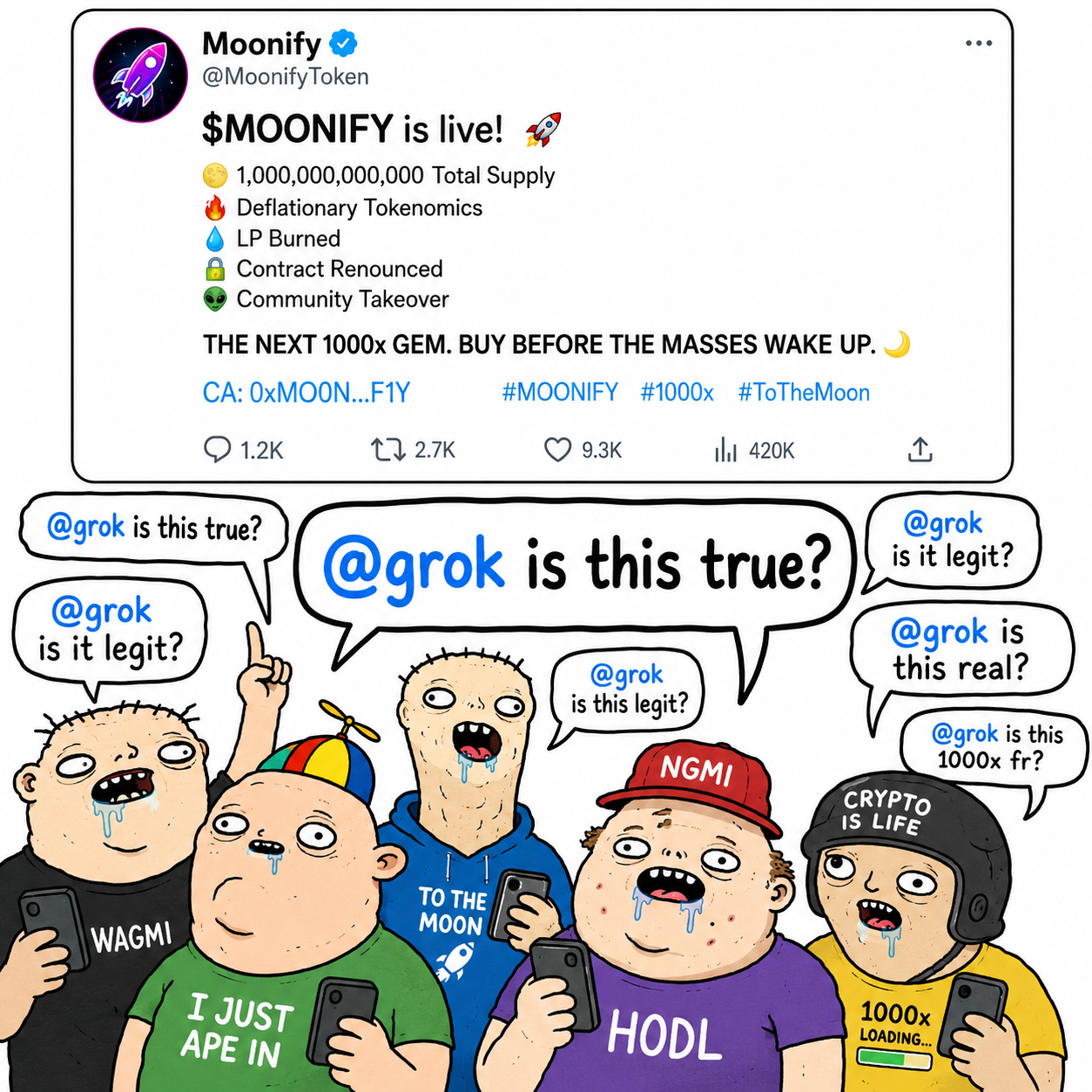 Crypto degens asking @grok is this true about a $MOONIFY 1000x token launch hype post on X — illustration of AI fact-checking in crypto
