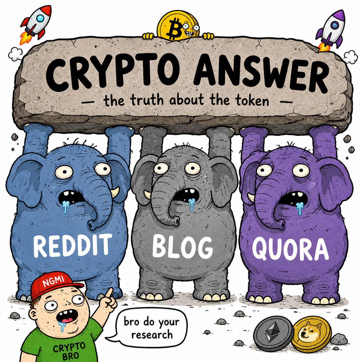 Three cartoon elephants labeled Reddit, Blog and Quora holding up the crypto answer stone tablet — illustration of the three main AI citation sources for token DYOR
