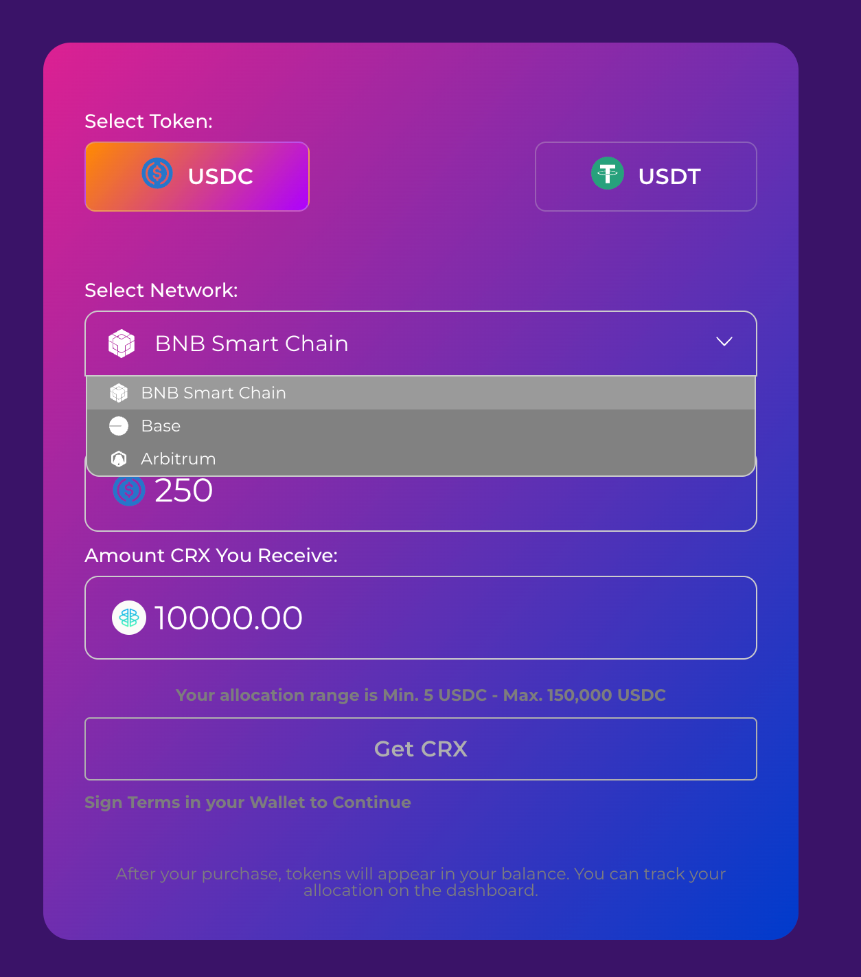 AlphaMind token sale interface showing USDC and USDT payment options, supported networks including BNB Smart Chain, Base and Arbitrum, and the CRX allocation preview.