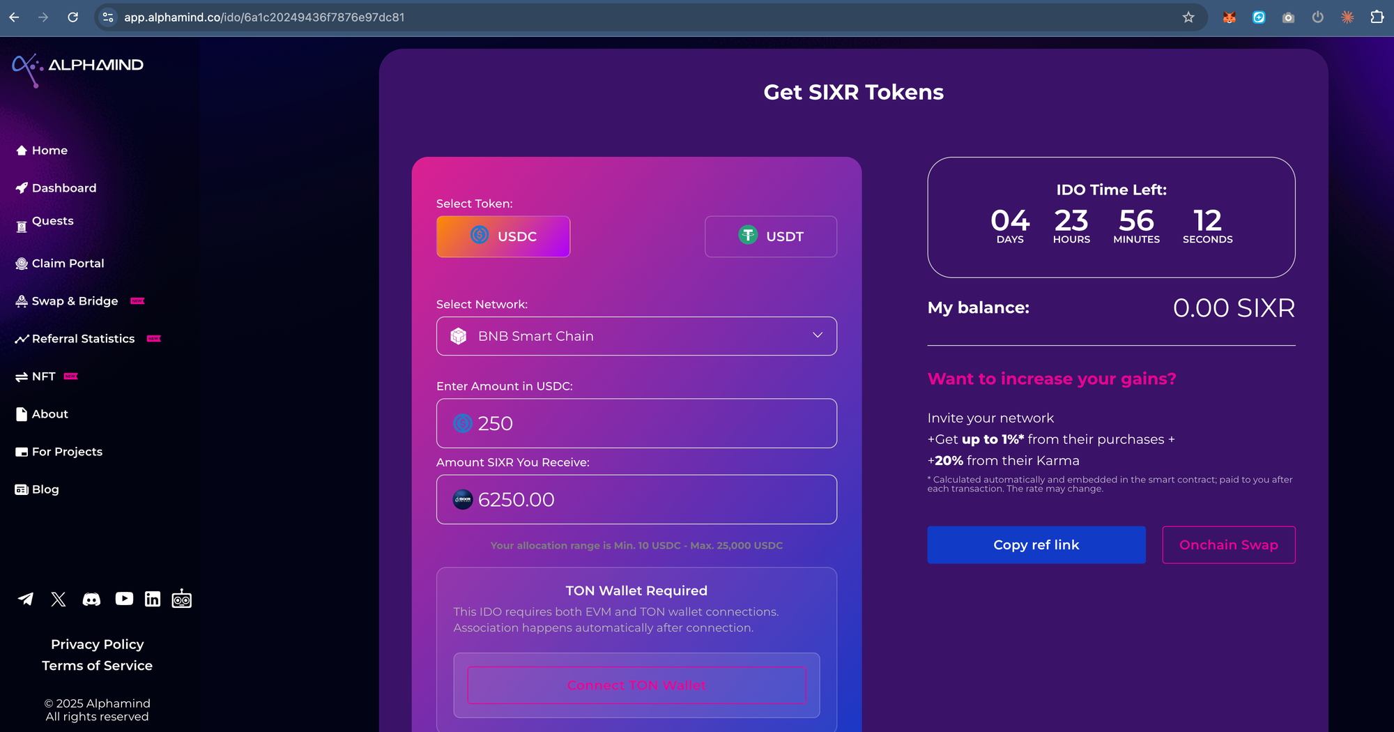AlphaMind SIXR sale interface showing USDT and USDC payment options and the TON wallet requirement