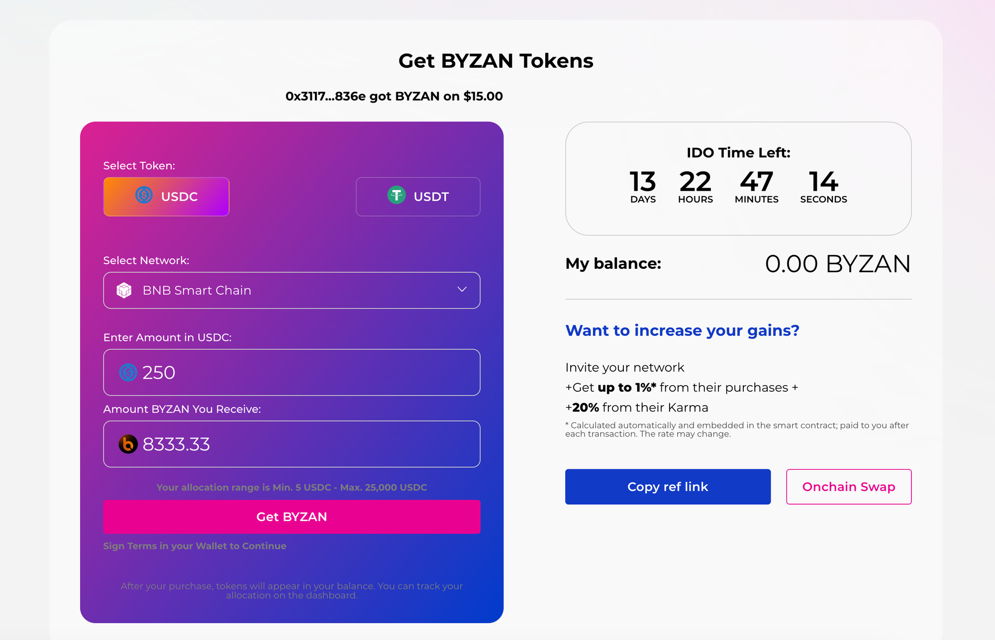 $BYZAN token presale widget - select blockchain network & currency