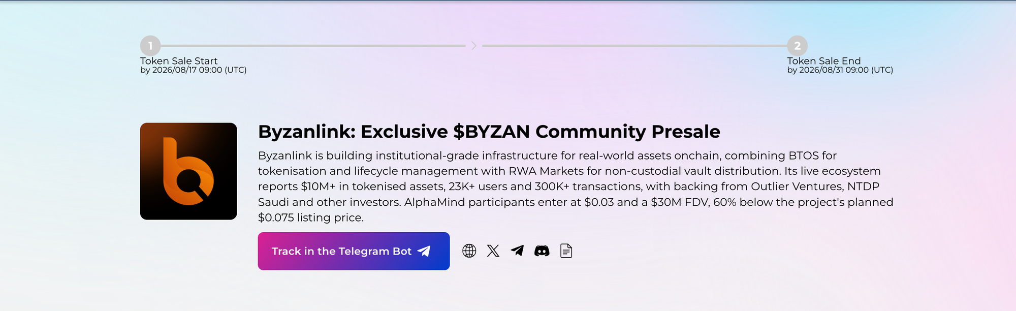 Byzanlink $BYZAN community presale page on AlphaMind with sale terms and participation CTA
