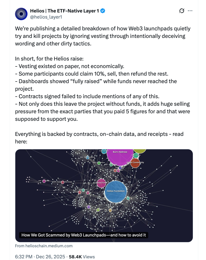 Helios Blockchain X post describing launchpad vesting and refund tactics,