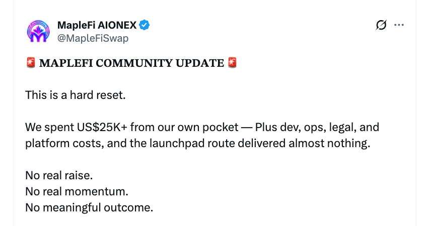 MapleFi post reporting over $25,000 of team cash spent and almost no launchpad raise