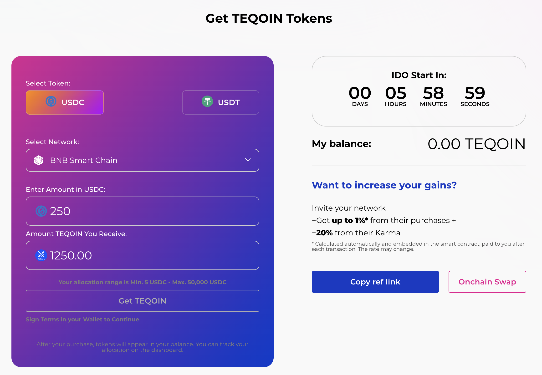 TeQoin token presale widget on alphamind launchpad