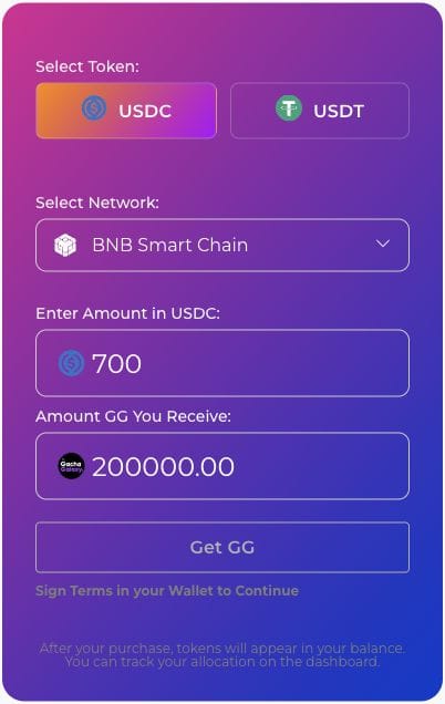 Gacha Galaxy purchase form on AlphaMind showing 700 USDC on BNB Smart Chain for 200,000 GG tokens.