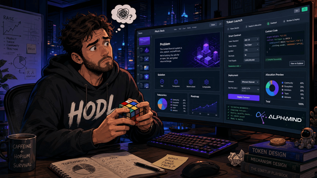 Confused crypto founder in a HODL hoodie holding a Rubik’s Cube while working on a pitch deck and token launch dashboard.