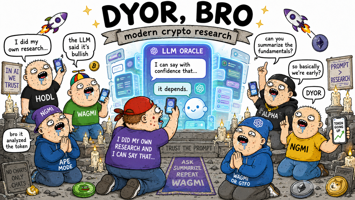Crypto investor worshipping an LLM oracle for DYOR research — WAGMI, HODL and token launch decisions illustrated