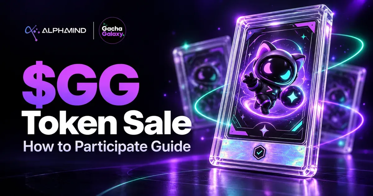 Gacha Galaxy $GG token sale participation guide on AlphaMind, featuring a purple astronaut-cat collectible card.