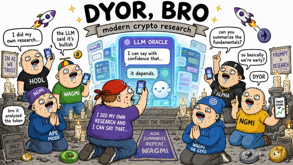 Crypto investor worshipping an LLM oracle for DYOR research — WAGMI, HODL and token launch decisions illustrated