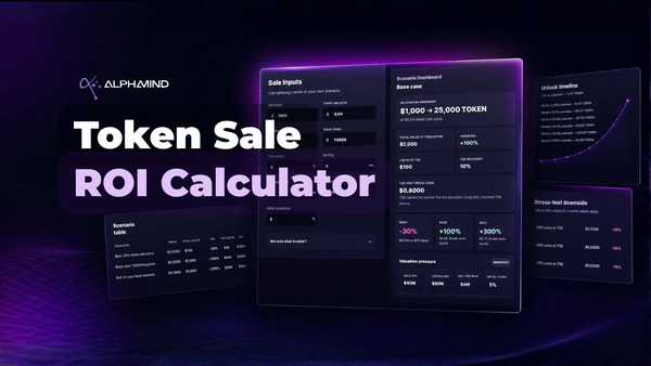 AlphaMind Token Sale ROI Calculator for modeling paper ROI, liquid at TGE and token unlocks