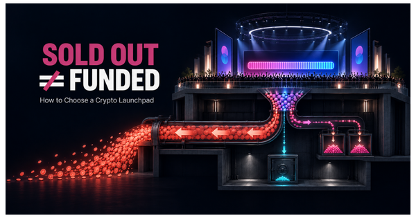 SOLD OUT ≠ FUNDED — illustration of a token sale where most committed capital flows back out through refunds and only a fraction reaches the project