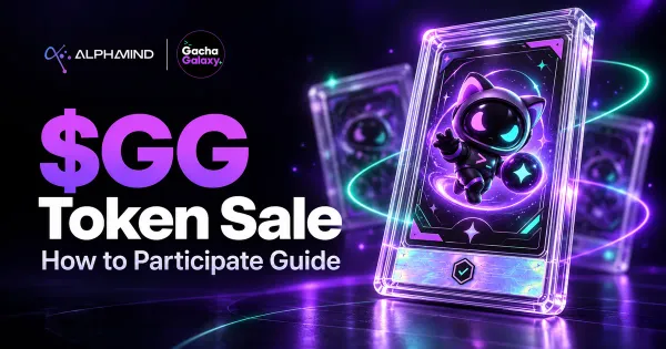 Gacha Galaxy $GG token sale participation guide on AlphaMind, featuring a purple astronaut-cat collectible card.